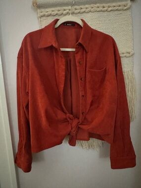 SHEIN Rust Corduroy Button-Up Shirt Jacket with Front Tie